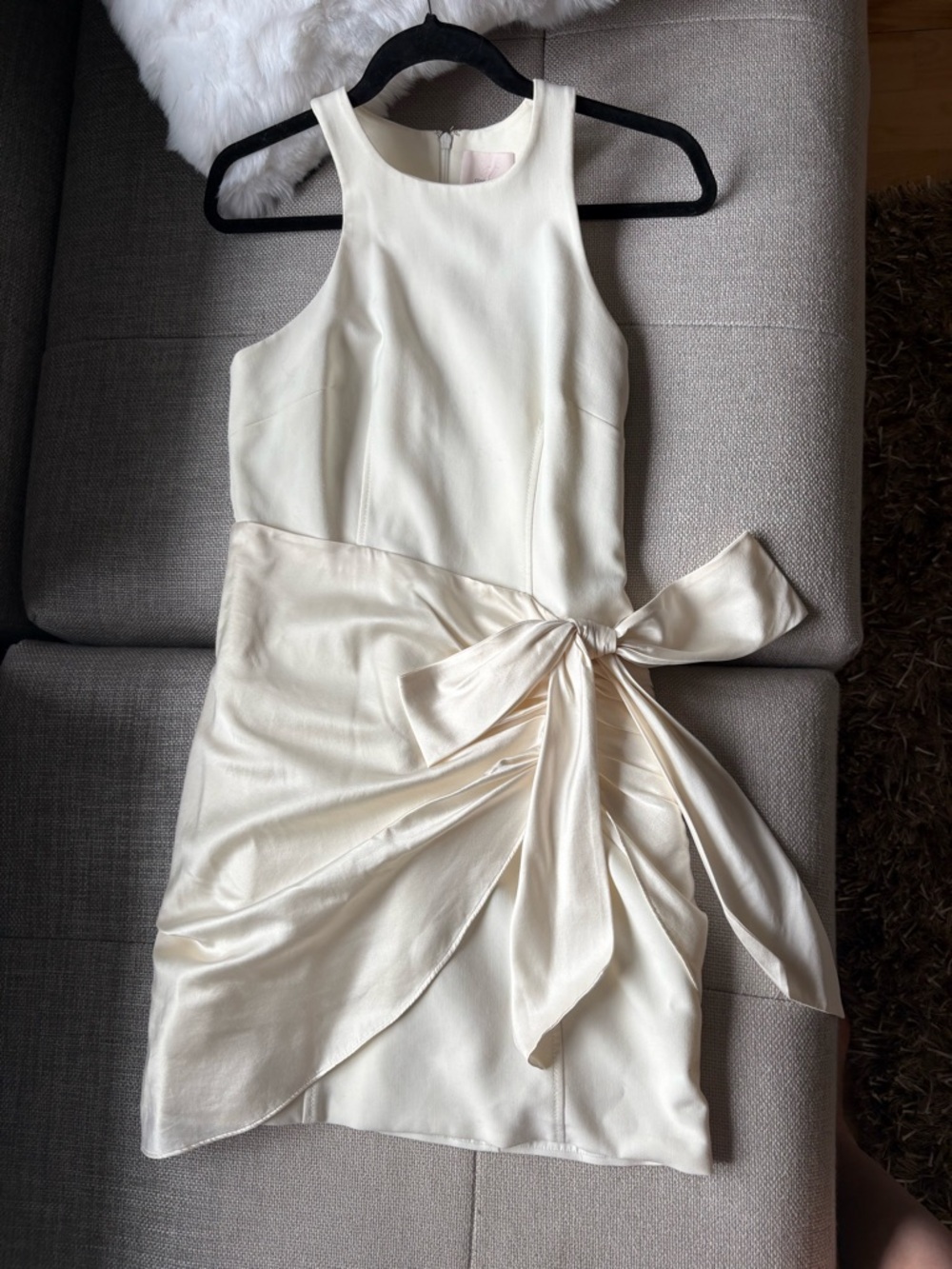 Sleeveless Cream Bow-Sash Mini Dress -CINQ À SEPT cocktail- event dress.